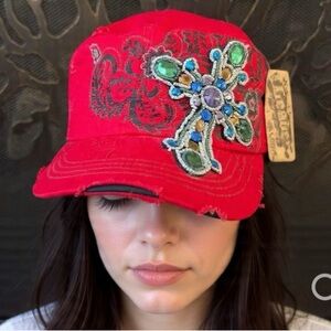 Embellished Red Cap with Cross Design